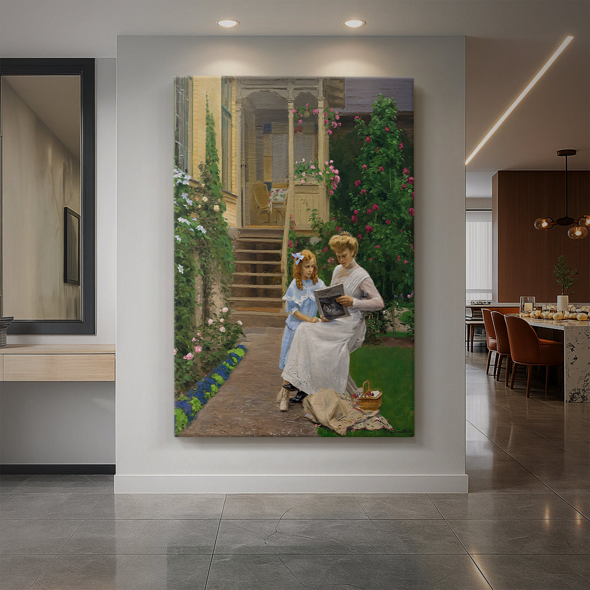 Canvas art print of a realistic scene of two girls standing in a garden with soft natural light displayed as a statement piece in a spacious interior.