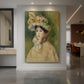 Canvas art print of an impressionist portrait of a woman wearing a wide-brimmed hat with soft tones displayed as a statement piece in a spacious interior.