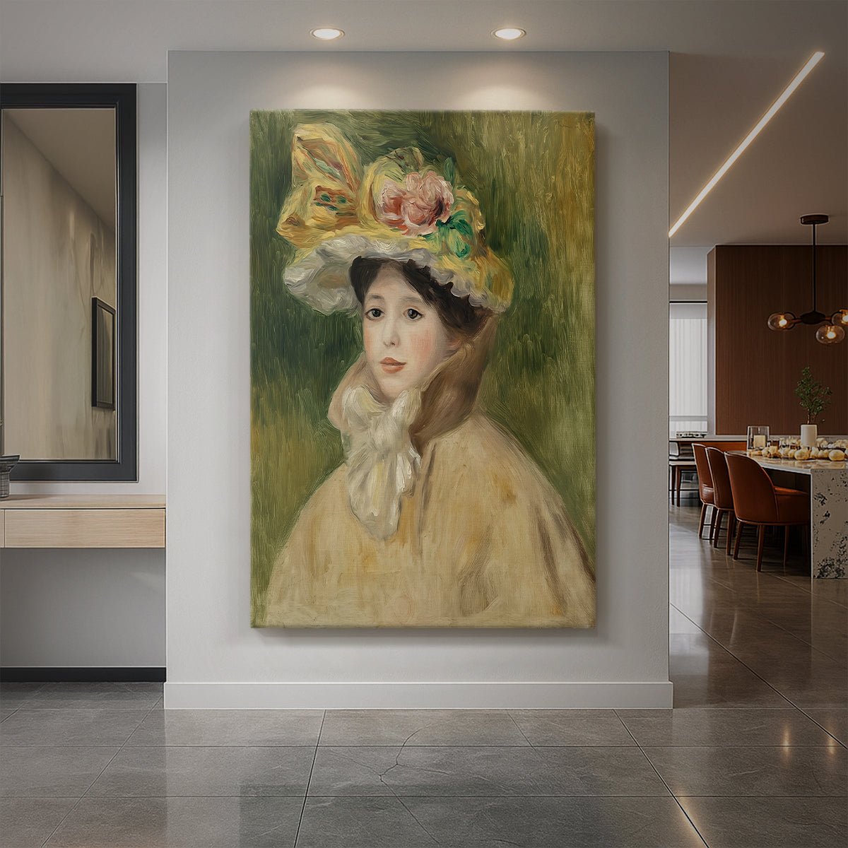 Canvas art print of an impressionist portrait of a woman wearing a wide-brimmed hat with soft tones displayed as a statement piece in a spacious interior.