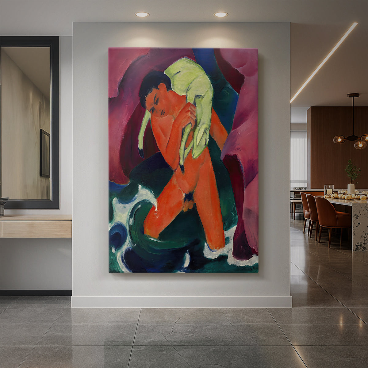 Canvas art print of an expressionist scene of a boy with a lamb in simplified colorful forms displayed as a statement piece in a spacious interior.