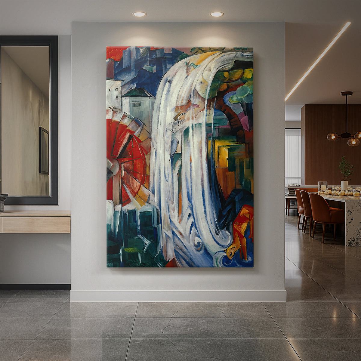 Canvas art print of an abstract expressionist scene with a mill and fragmented geometric forms displayed as a statement piece in a spacious interior.