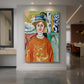 Canvas art print of a fauvist portrait of a girl with green eyes and bold expressive color displayed as a statement piece in a spacious interior.