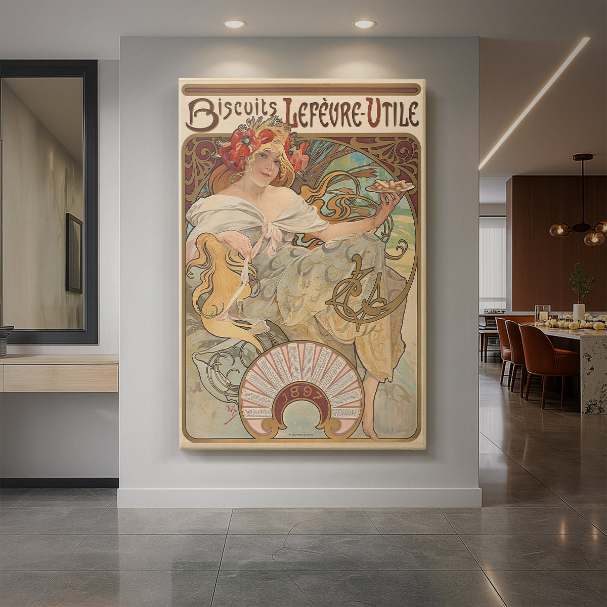 Canvas art print of an Art Nouveau poster of a woman with ornate details and biscuit advertisement text displayed as a statement piece in a spacious interior.