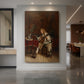 Canvas art print of a realistic scene of a musician playing an instrument in a warm interior displayed as a statement piece in a spacious interior.