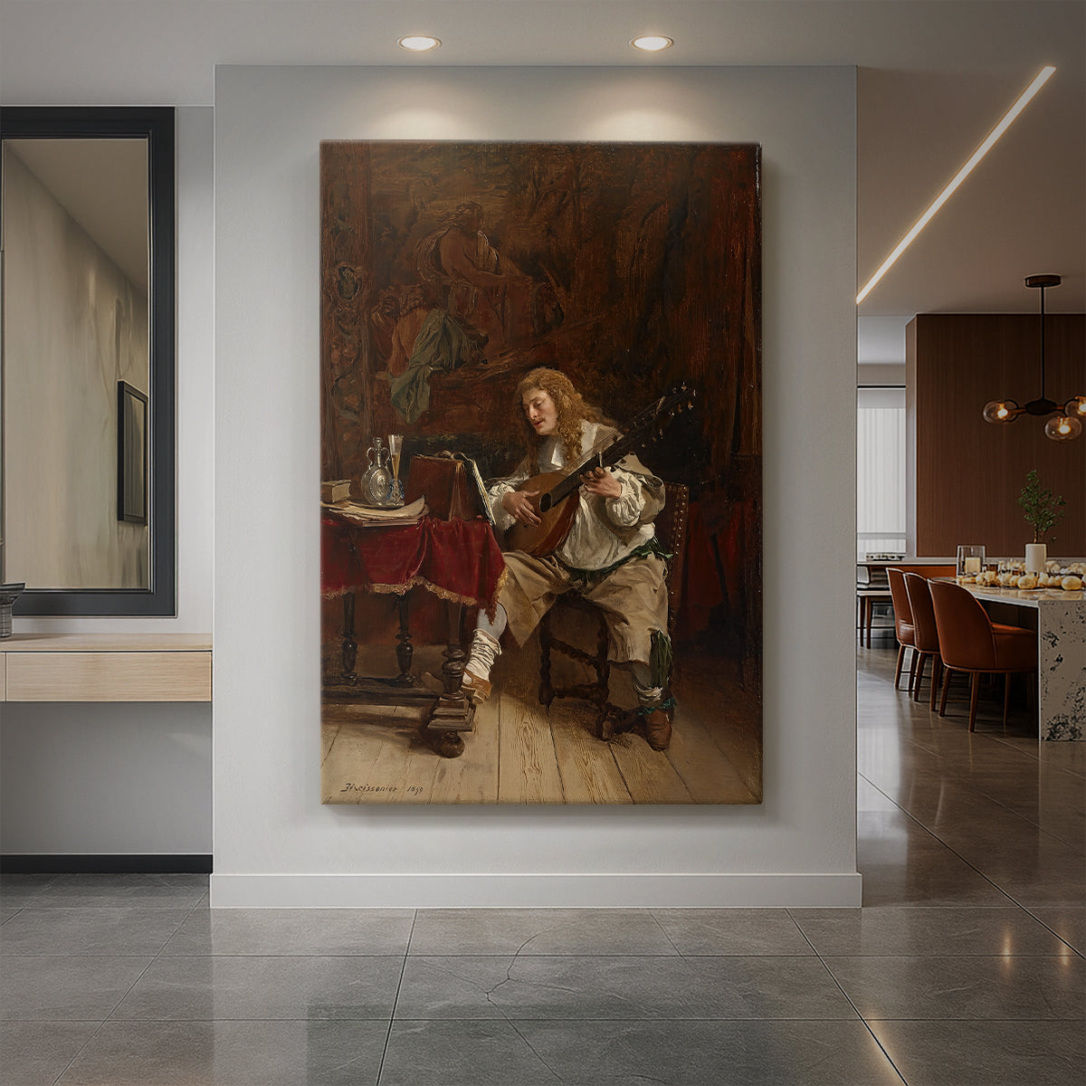 Canvas art print of a realistic scene of a musician playing an instrument in a warm interior displayed as a statement piece in a spacious interior.