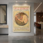 Canvas art print of an Art Nouveau poster of a woman with ornate details and design publication text displayed as a statement piece in a spacious interior.