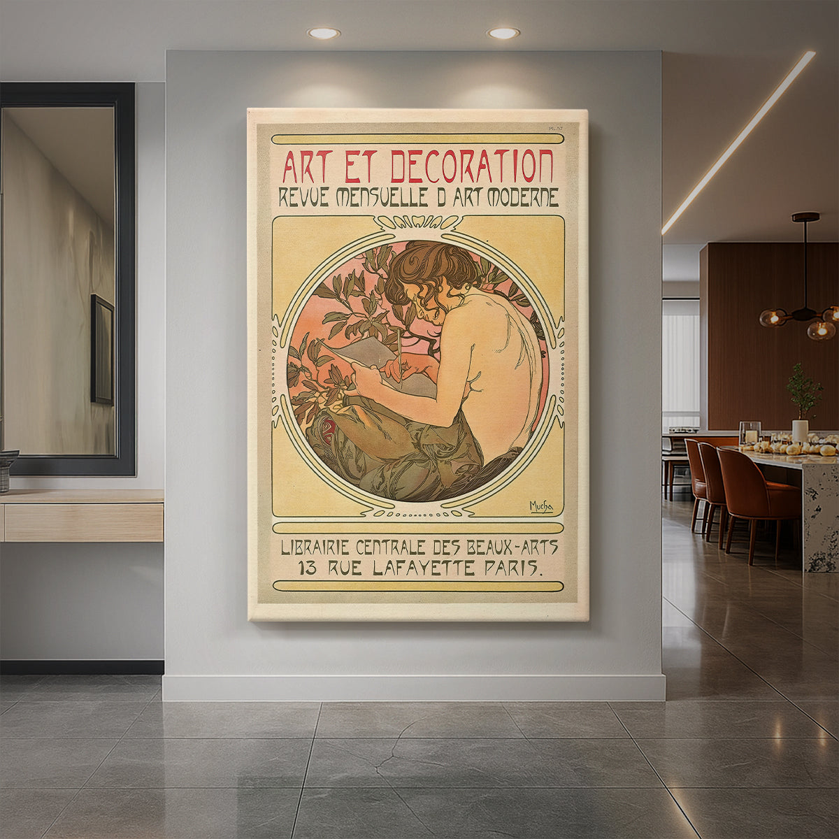 Canvas art print of an Art Nouveau poster of a woman with ornate details and design publication text displayed as a statement piece in a spacious interior.
