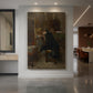 Canvas art print of a realistic scene of a painter working in a softly lit interior displayed as a statement piece in a spacious interior.