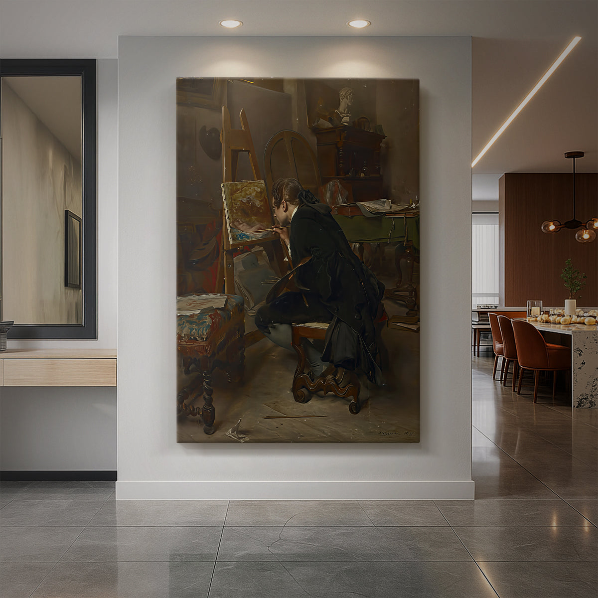 Canvas art print of a realistic scene of a painter working in a softly lit interior displayed as a statement piece in a spacious interior.
