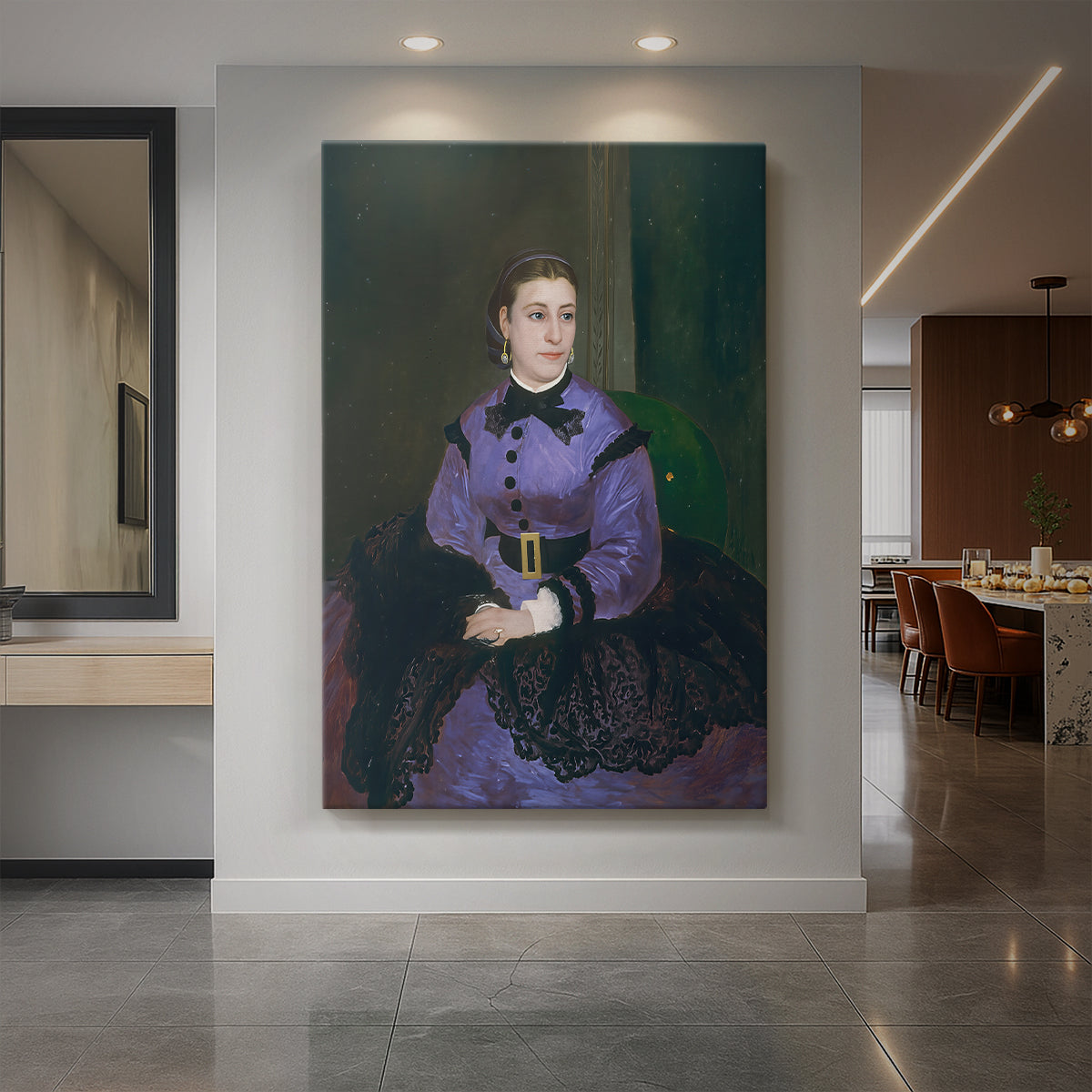 Canvas art print of an impressionist portrait of a woman with soft tones and refined features displayed as a statement piece in a spacious interior.