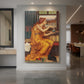 Canvas art print of a symbolic scene of a woman preparing a potion in a richly colored setting displayed as a statement piece in a spacious interior.