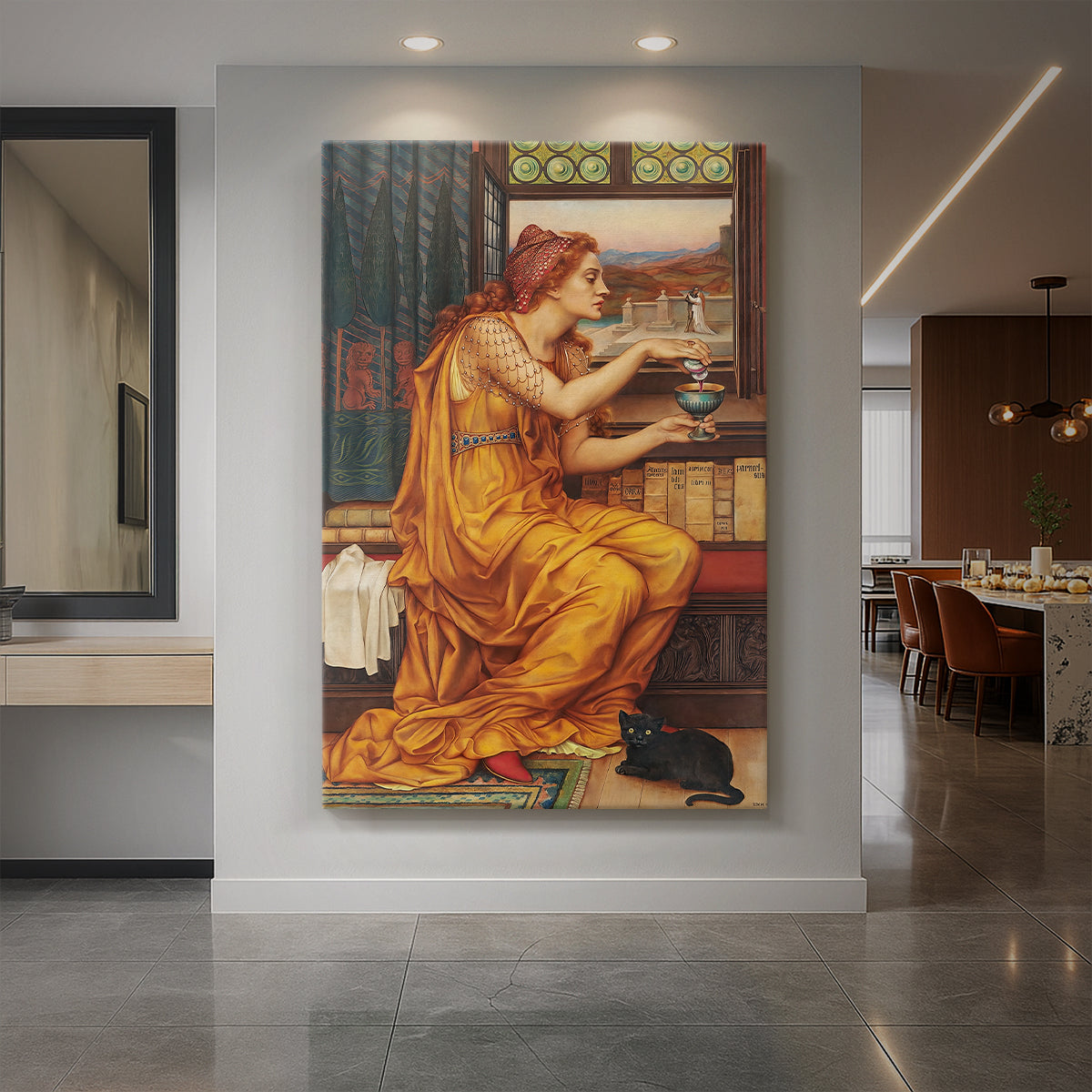 Canvas art print of a symbolic scene of a woman preparing a potion in a richly colored setting displayed as a statement piece in a spacious interior.