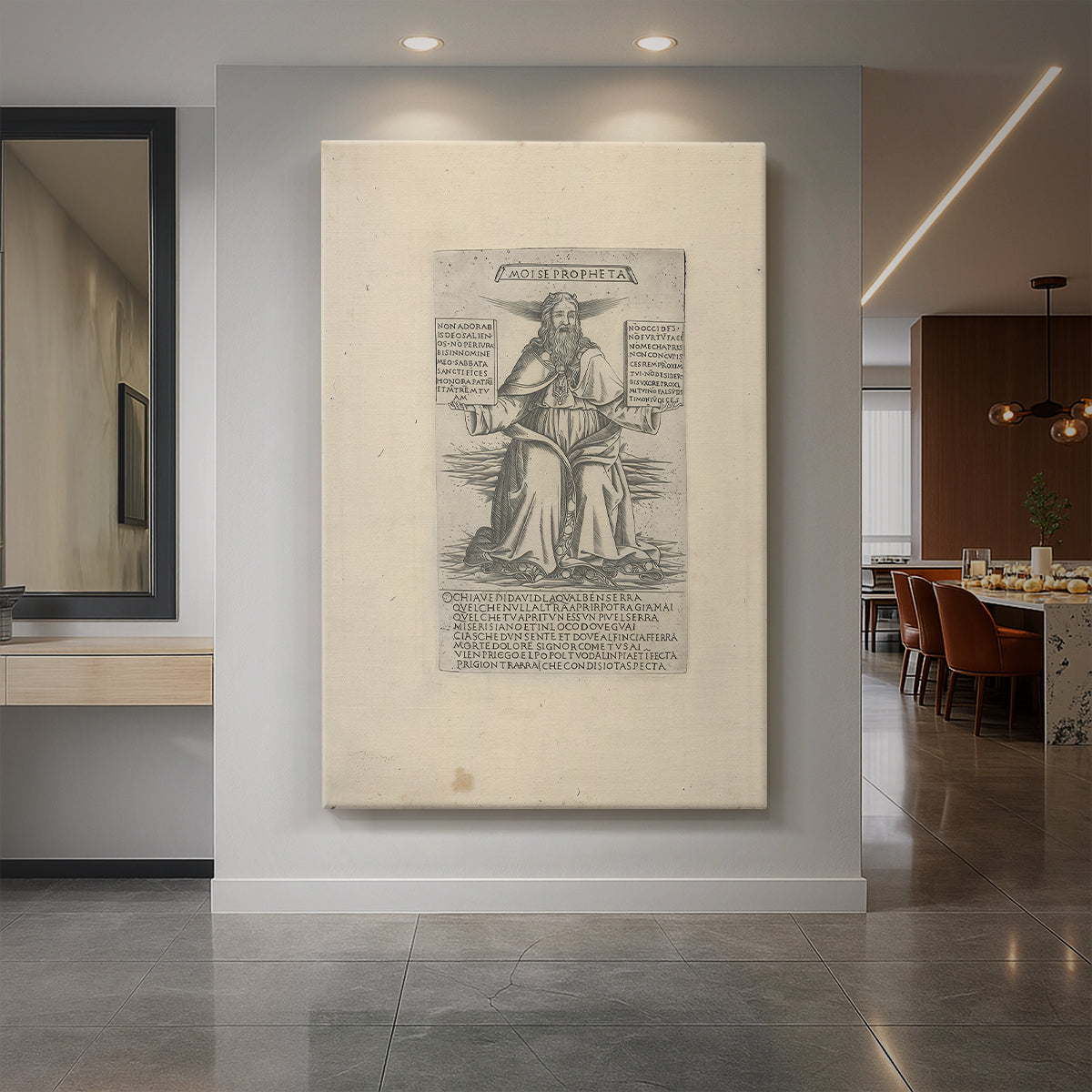 Canvas art print of a monochrome engraving of a standing prophet with fine etched detail displayed as a statement piece in a spacious interior.