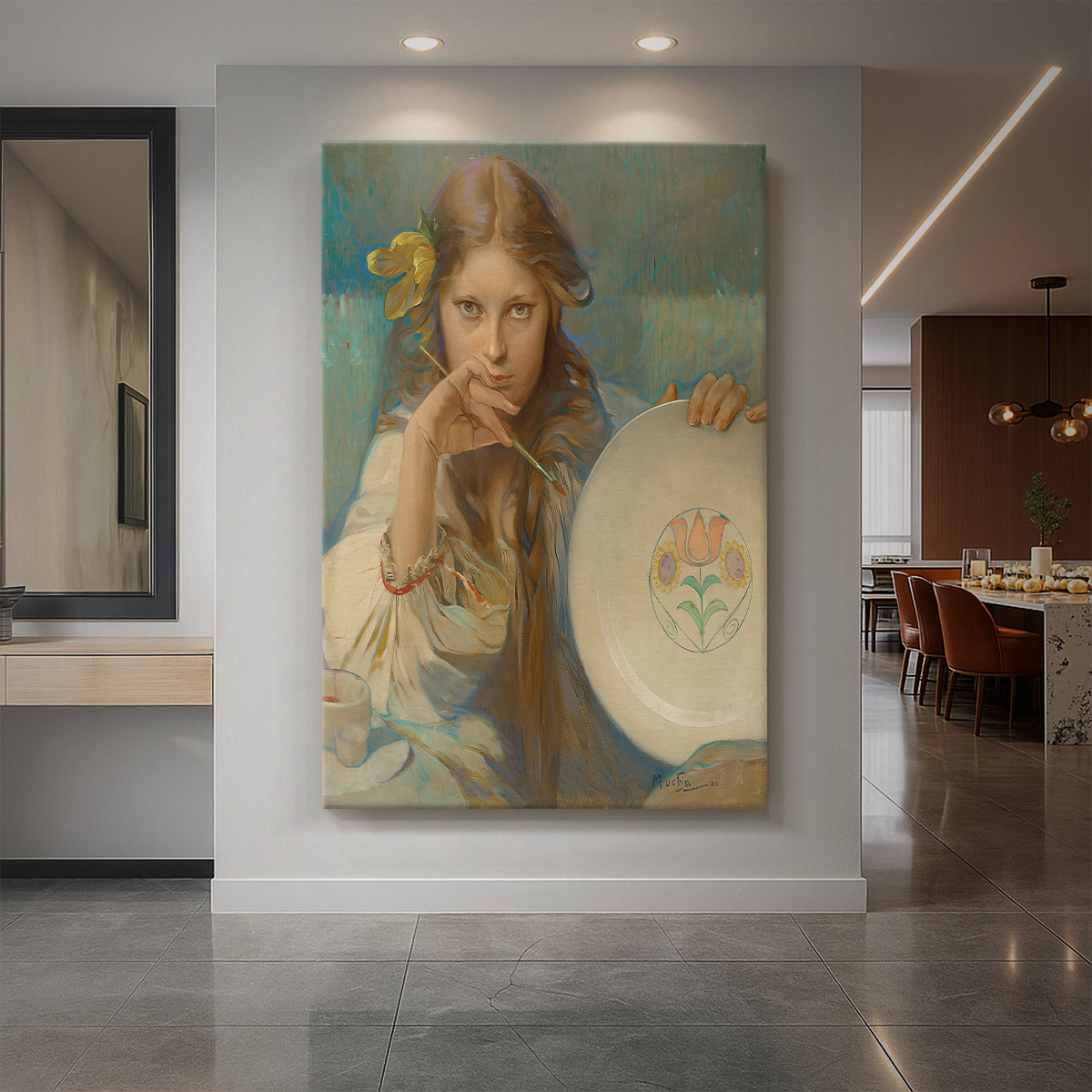 Canvas art print of an Art Nouveau portrait of a girl holding a decorative plate with folk patterns displayed as a statement piece in a spacious interior.