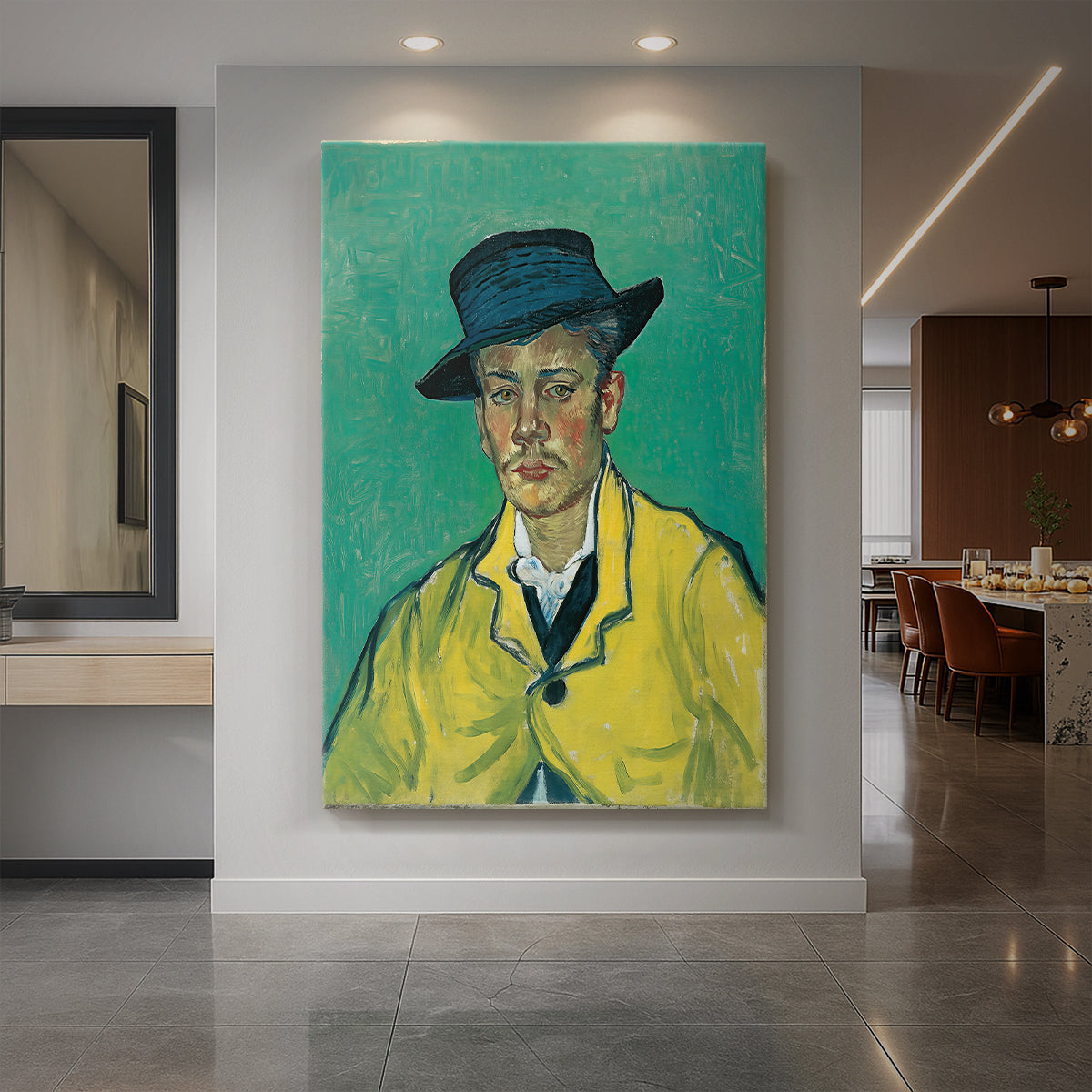 Canvas art print of an expressive portrait of a man with bold brushwork and vibrant color displayed as a statement piece in a spacious interior.