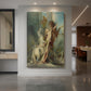 Canvas art print of a symbolic scene of a figure attacked by horses in a dramatic landscape displayed as a statement piece in a spacious interior.