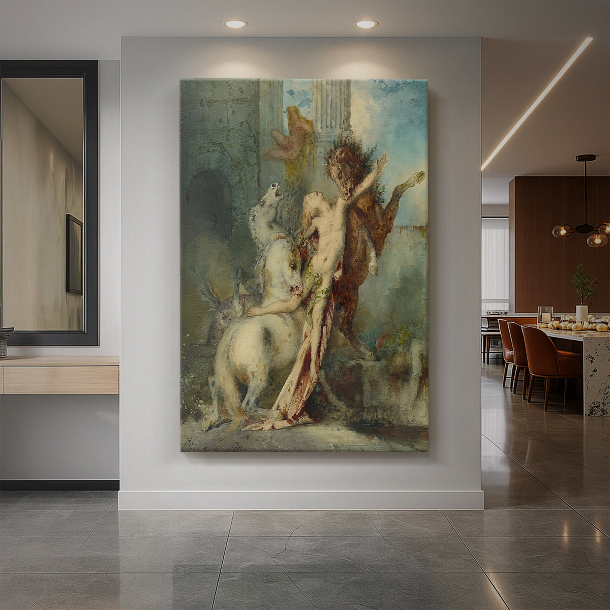 Canvas art print of a symbolic scene of a figure attacked by horses in a dramatic landscape displayed as a statement piece in a spacious interior.