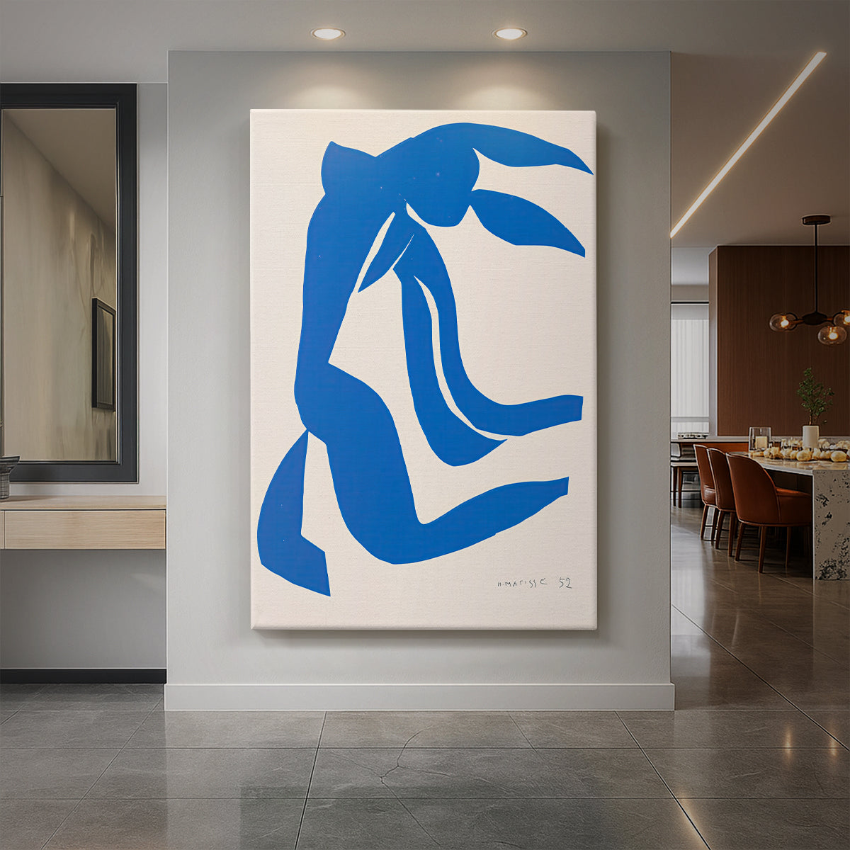 Canvas art print of an abstract composition of a female figure with flowing hair in bold shapes displayed as a statement piece in a spacious interior.