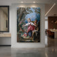 Canvas art print of a Rococo garden scene of figures playing a game of courtship in a lively setting displayed as a statement piece in a spacious interior.