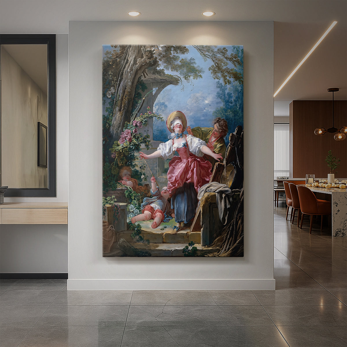 Canvas art print of a Rococo garden scene of figures playing a game of courtship in a lively setting displayed as a statement piece in a spacious interior.