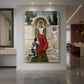 Canvas art print of a narrative scene of Knight Tannhäuser kneeling before Venus displayed as a statement piece in a spacious interior.