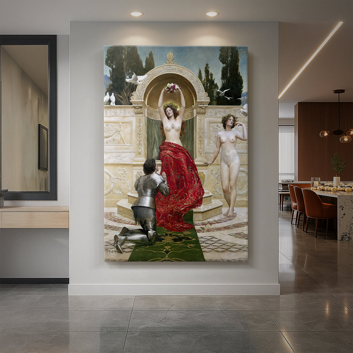 Canvas art print of a narrative scene of Knight Tannhäuser kneeling before Venus displayed as a statement piece in a spacious interior.