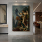 Canvas art print of a symbolic scene of a man confronting a sphinx in a dramatic setting displayed as a statement piece in a spacious interior.