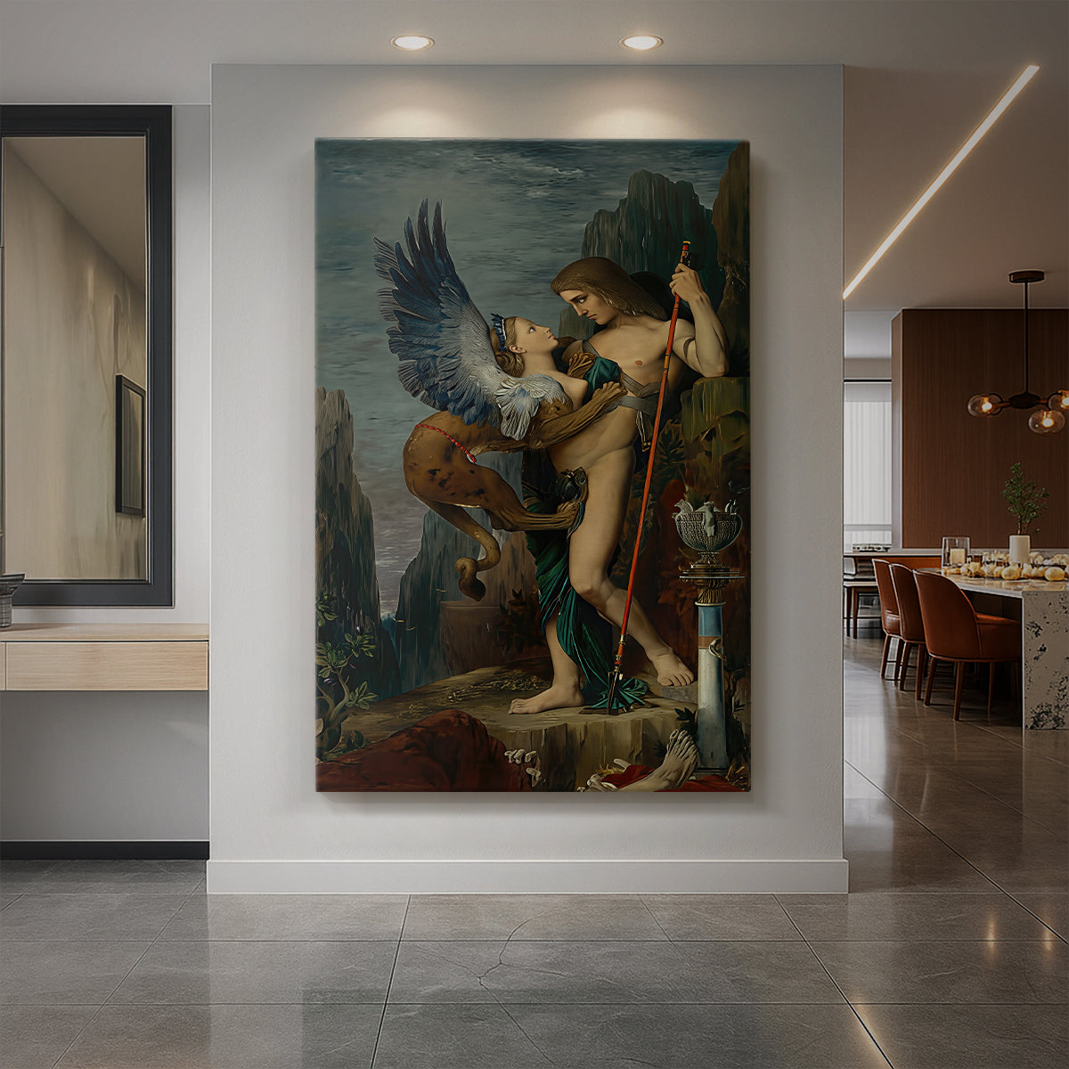 Canvas art print of a symbolic scene of a man confronting a sphinx in a dramatic setting displayed as a statement piece in a spacious interior.