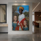 Canvas art print of a group portrait of children and a nanny in a garden setting with soft light displayed as a statement piece in a spacious interior.