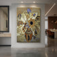 Canvas art print of a symbolic still life of flowers in an ornate vase with soft color displayed as a statement piece in a spacious interior.