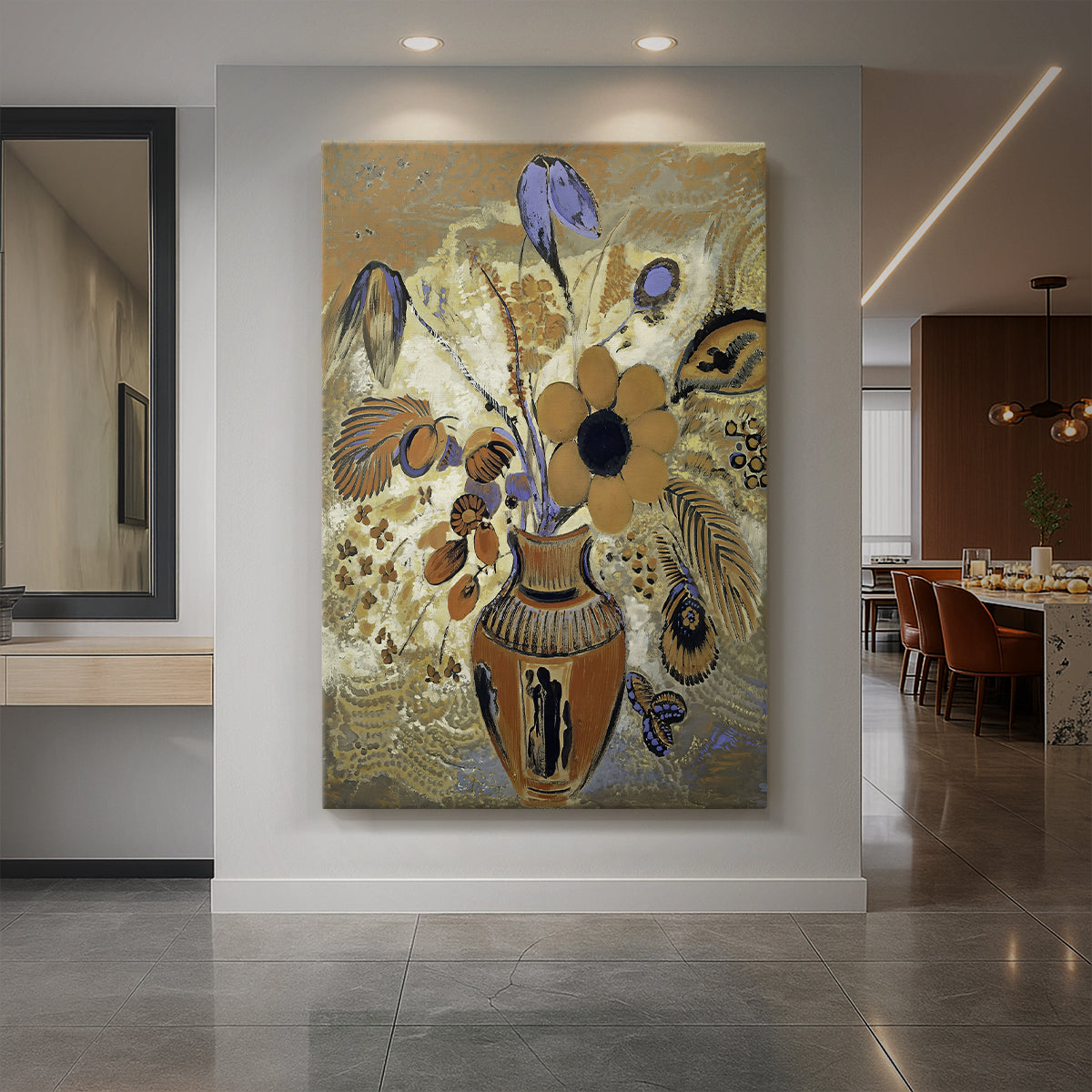 Canvas art print of a symbolic still life of flowers in an ornate vase with soft color displayed as a statement piece in a spacious interior.