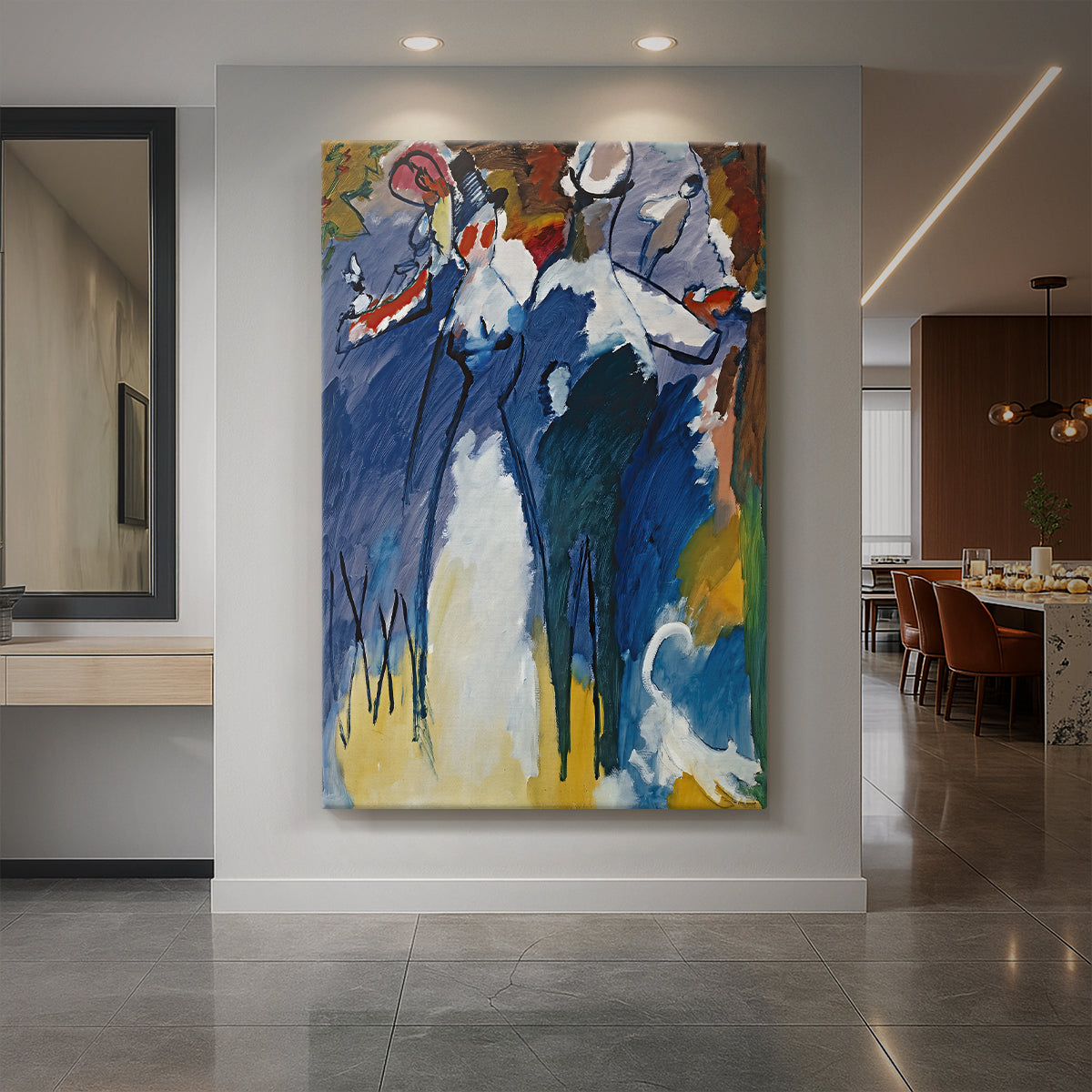 Canvas art print of an abstract composition with bold color and energetic forms displayed as a statement piece in a spacious interior.