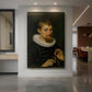Canvas art print of a Baroque portrait of a young man in dark attire with soft light displayed as a statement piece in a spacious interior.