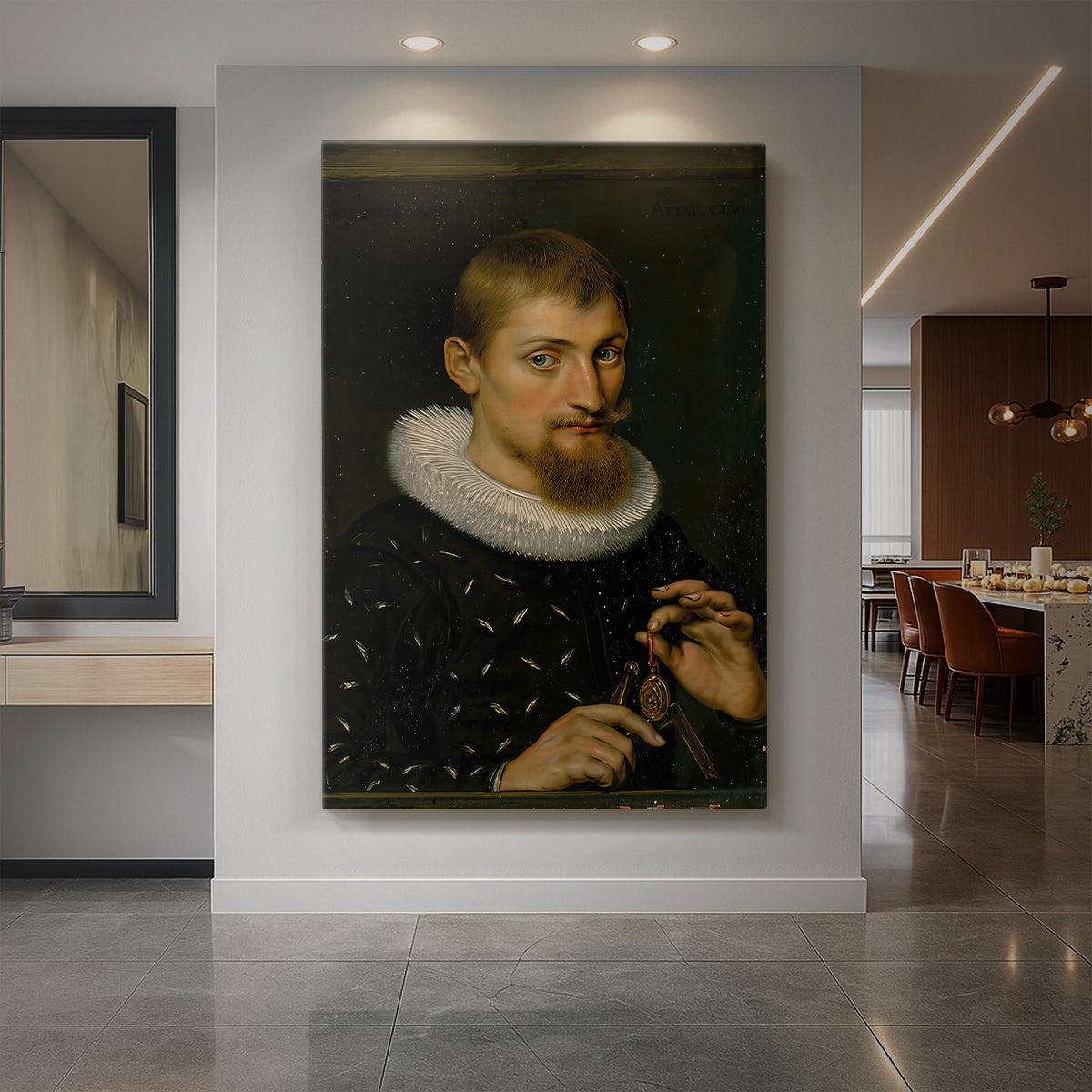 Canvas art print of a Baroque portrait of a young man in dark attire with soft light displayed as a statement piece in a spacious interior.