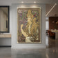 Canvas art print of an Art Nouveau poster of a woman with flowing hair smoking, bold circular design displayed as a statement piece in a spacious interior.