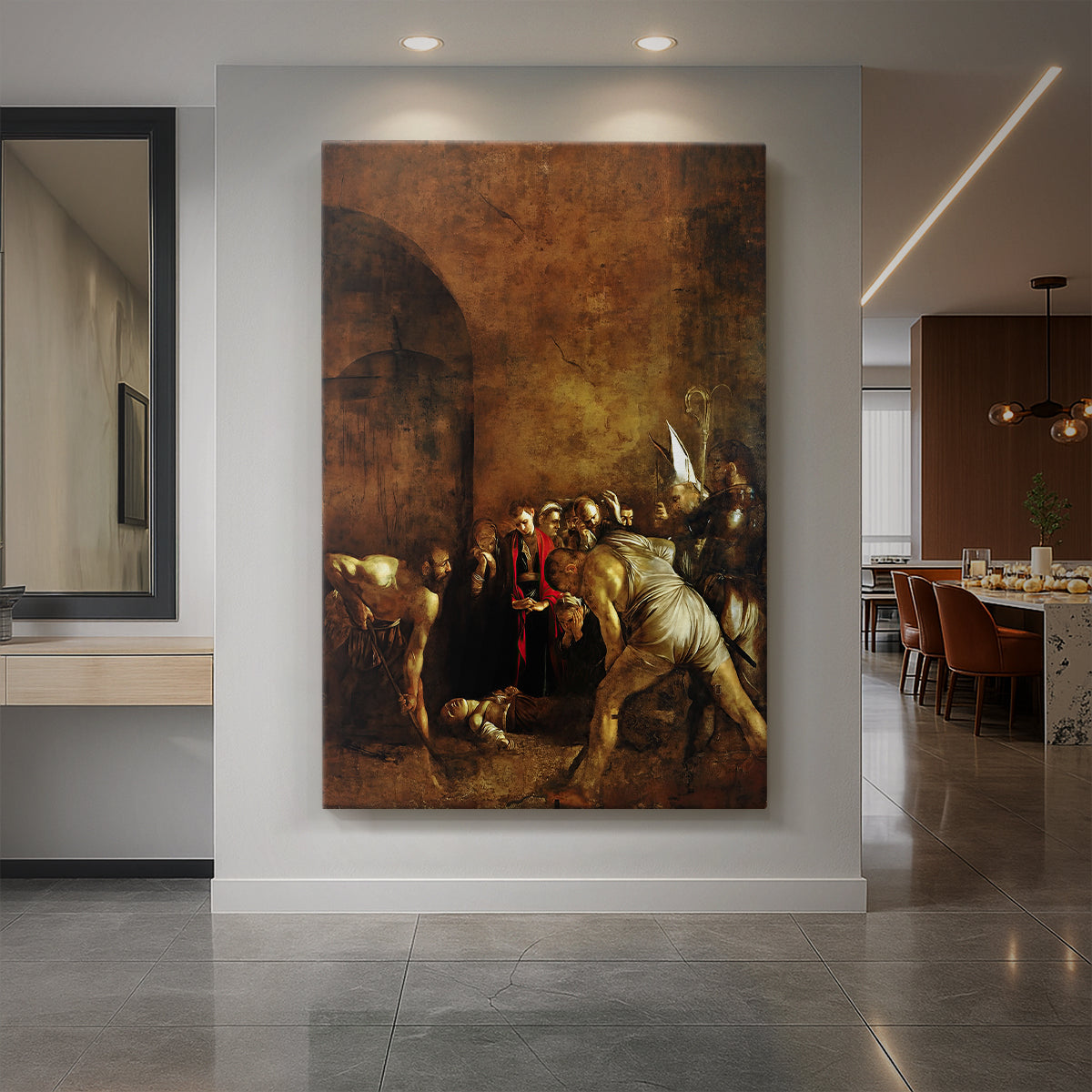 Canvas art print of a Baroque scene of figures preparing a burial in a dimly lit setting displayed as a statement piece in a spacious interior.