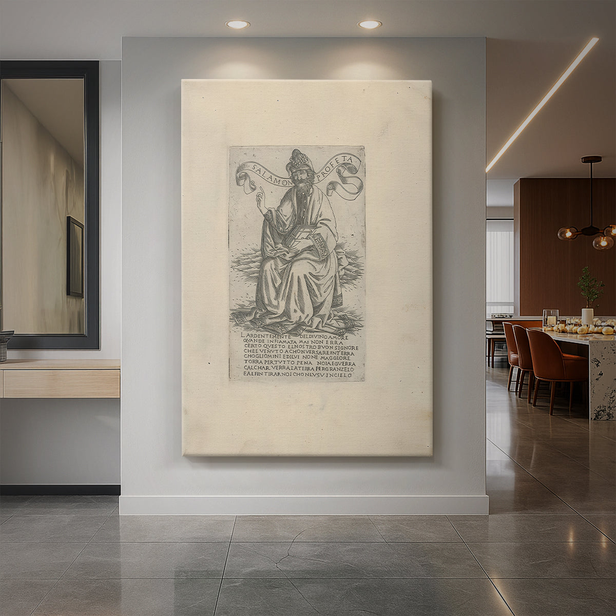Canvas art print of a monochrome engraving of a seated prophet with intricate line detail displayed as a statement piece in a spacious interior.