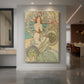 Canvas art print of an Art Nouveau travel poster of a woman with ornate details and coastal theme displayed as a statement piece in a spacious interior.