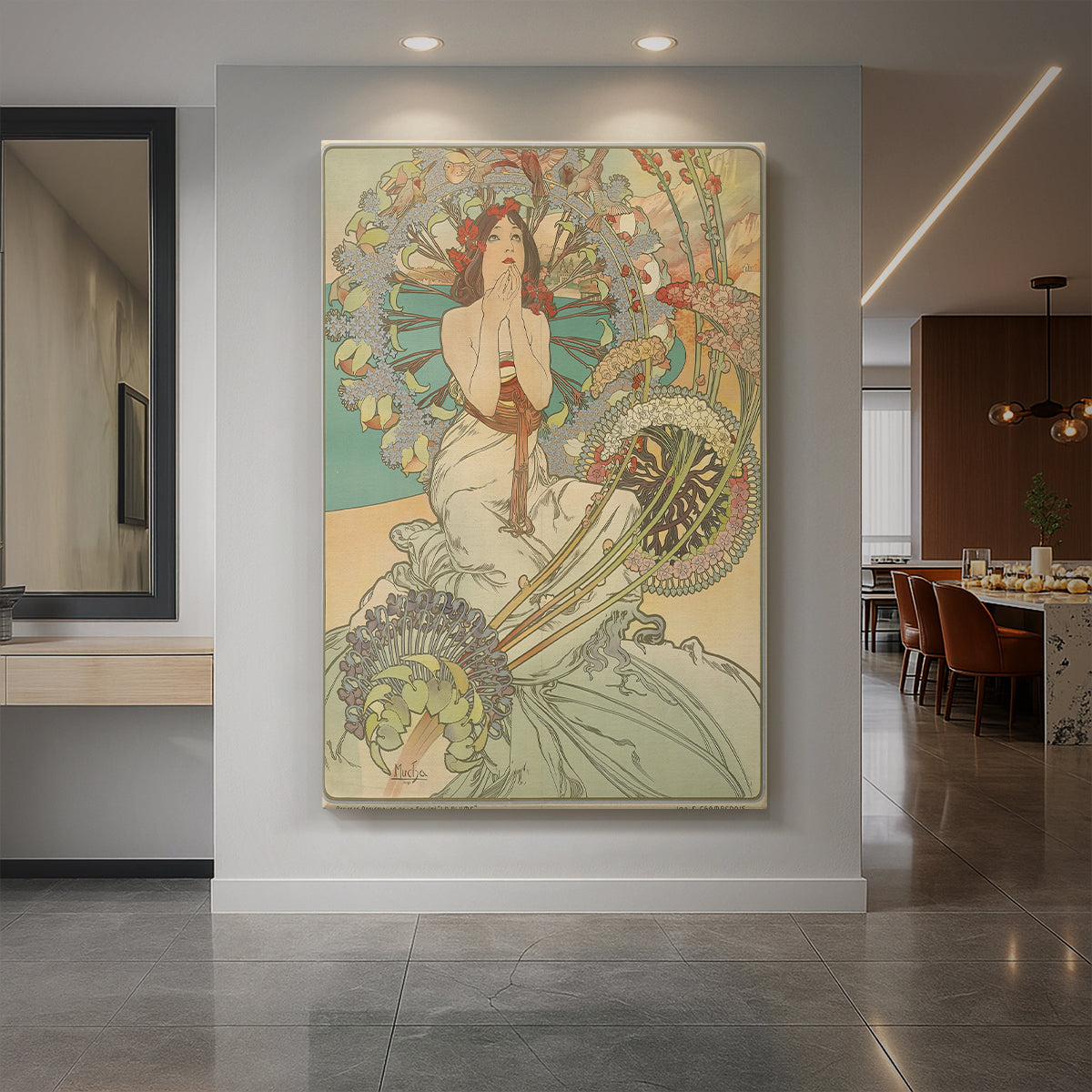 Canvas art print of an Art Nouveau travel poster of a woman with ornate details and coastal theme displayed as a statement piece in a spacious interior.