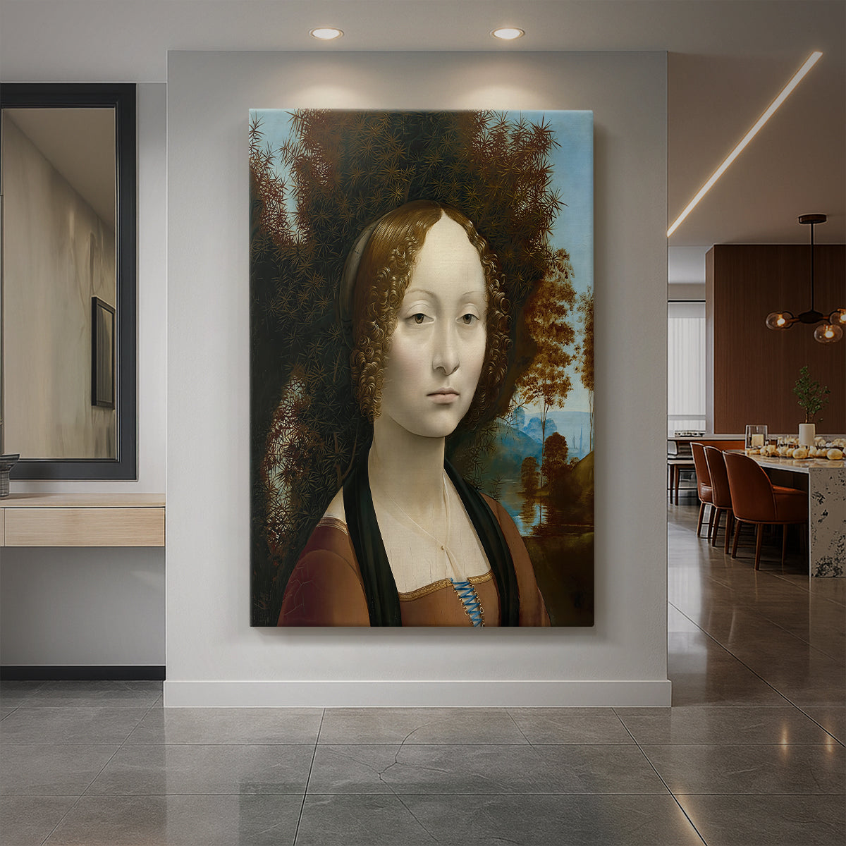 Canvas art print of a Renaissance portrait of a young woman with soft features and dark background displayed as a statement piece in a spacious interior.