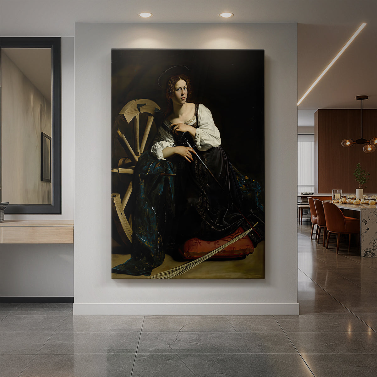 Canvas art print of a Baroque portrait of Saint Catherine with symbolic objects and soft light displayed as a statement piece in a spacious interior.