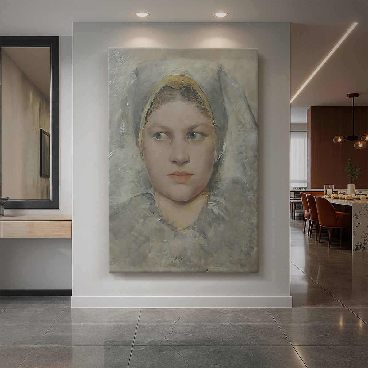 Canvas art print of a realistic portrait study of a young girl with soft tones and gentle expression displayed as a statement piece in a spacious interior.