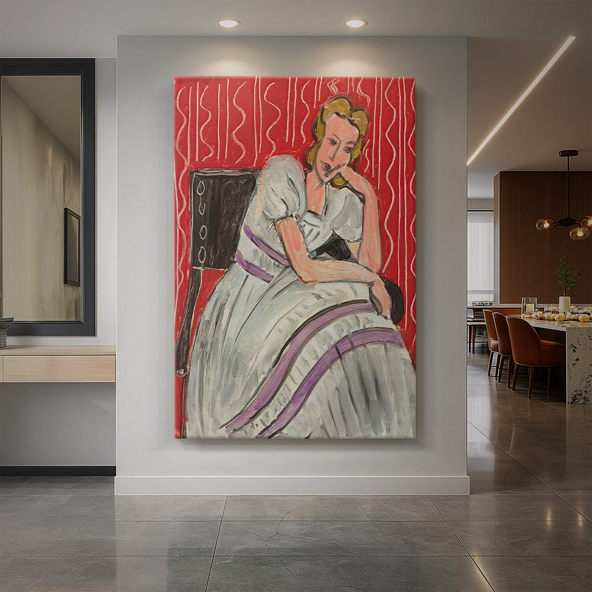 Canvas art print of a fauvist portrait of a seated woman in a gray dress with soft contrast displayed as a statement piece in a spacious interior.