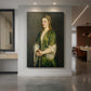 Canvas art print of a Renaissance portrait of a woman holding an apple with soft tones displayed as a statement piece in a spacious interior.