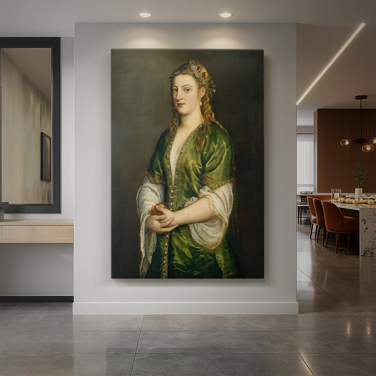 Canvas art print of a Renaissance portrait of a woman holding an apple with soft tones displayed as a statement piece in a spacious interior.