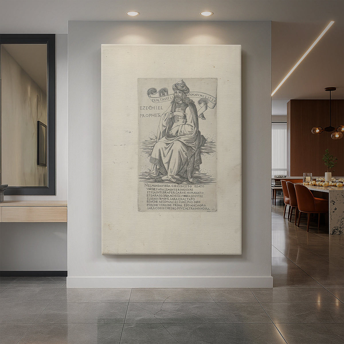 Canvas art print of a monochrome engraving of a prophet figure with fine linework and detail displayed as a statement piece in a spacious interior.
