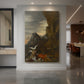 Canvas art print of a symbolic scene of a woman falling from a cliff in a dramatic landscape displayed as a statement piece in a spacious interior.
