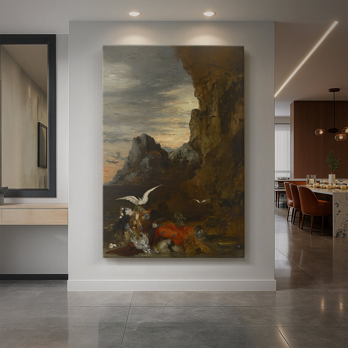 Canvas art print of a symbolic scene of a woman falling from a cliff in a dramatic landscape displayed as a statement piece in a spacious interior.