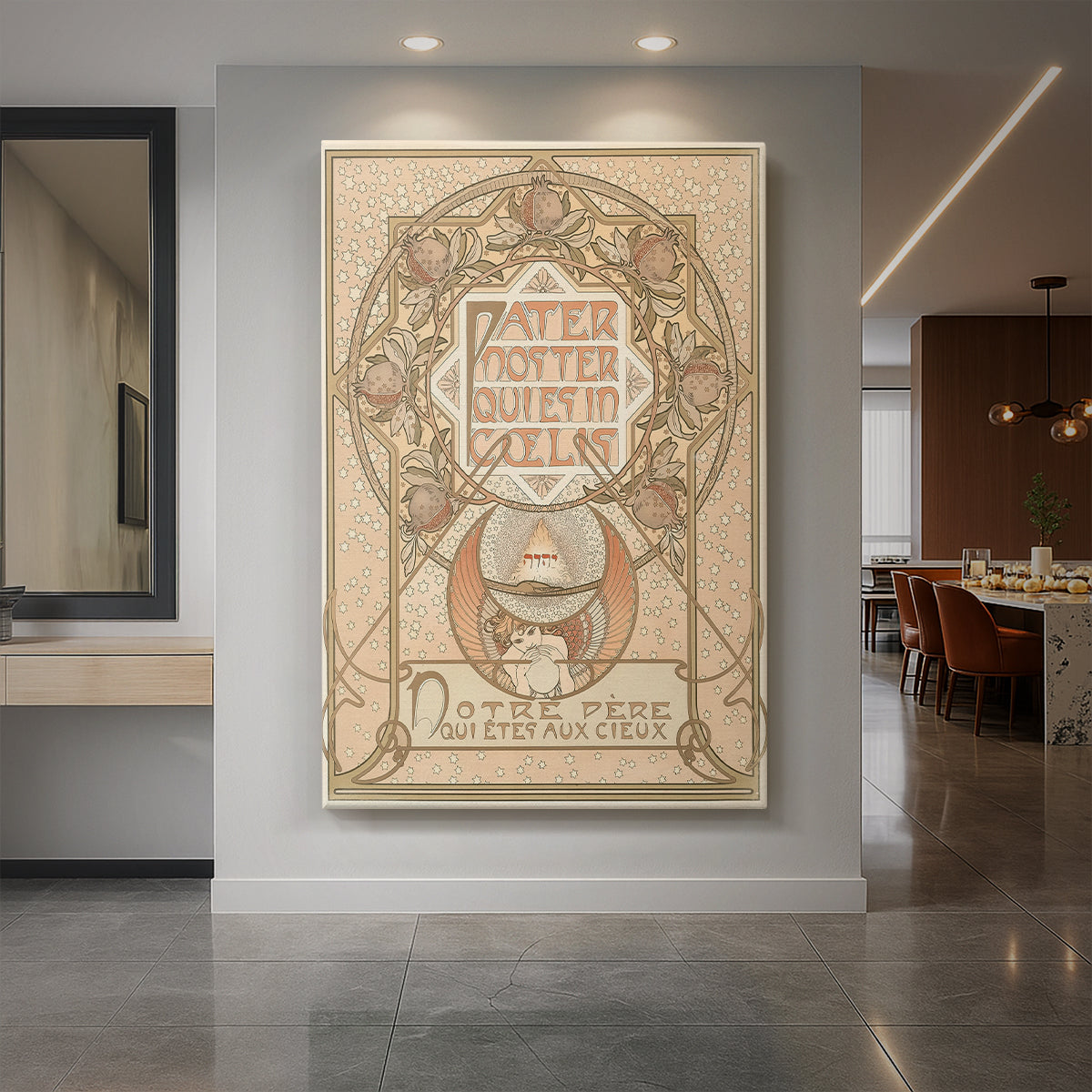 Canvas art print of an Art Nouveau illustration of a symbolic female figure with ornate decorative elements displayed as a statement piece in a spacious interior.