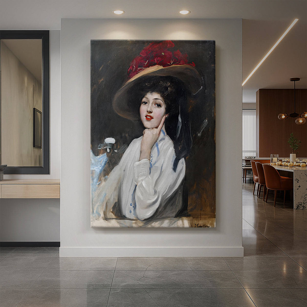 Canvas art print of an impressionist portrait of a woman wearing a hat with soft natural light displayed as a statement piece in a spacious interior.